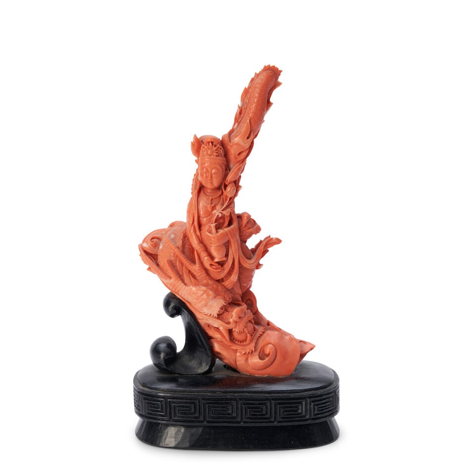 A Coral Figure of Guanyin with a Dragon China or Japan, 20th century, (1 of 2)