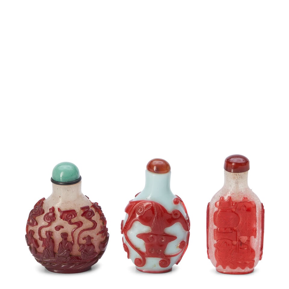 Three Red Overlay Glass Snuff Bottles, China, (3) (1 of 2)