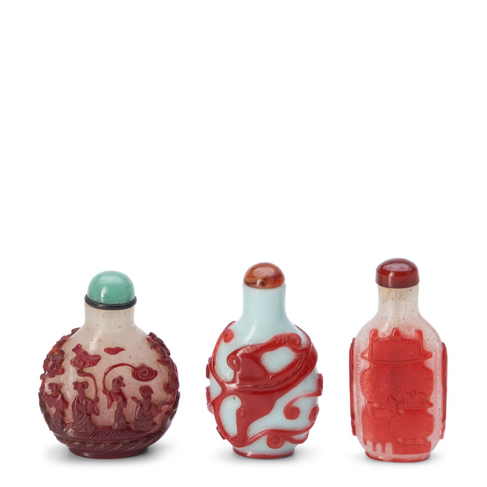 Three Red Overlay Glass Snuff Bottles, China, (3) - 2