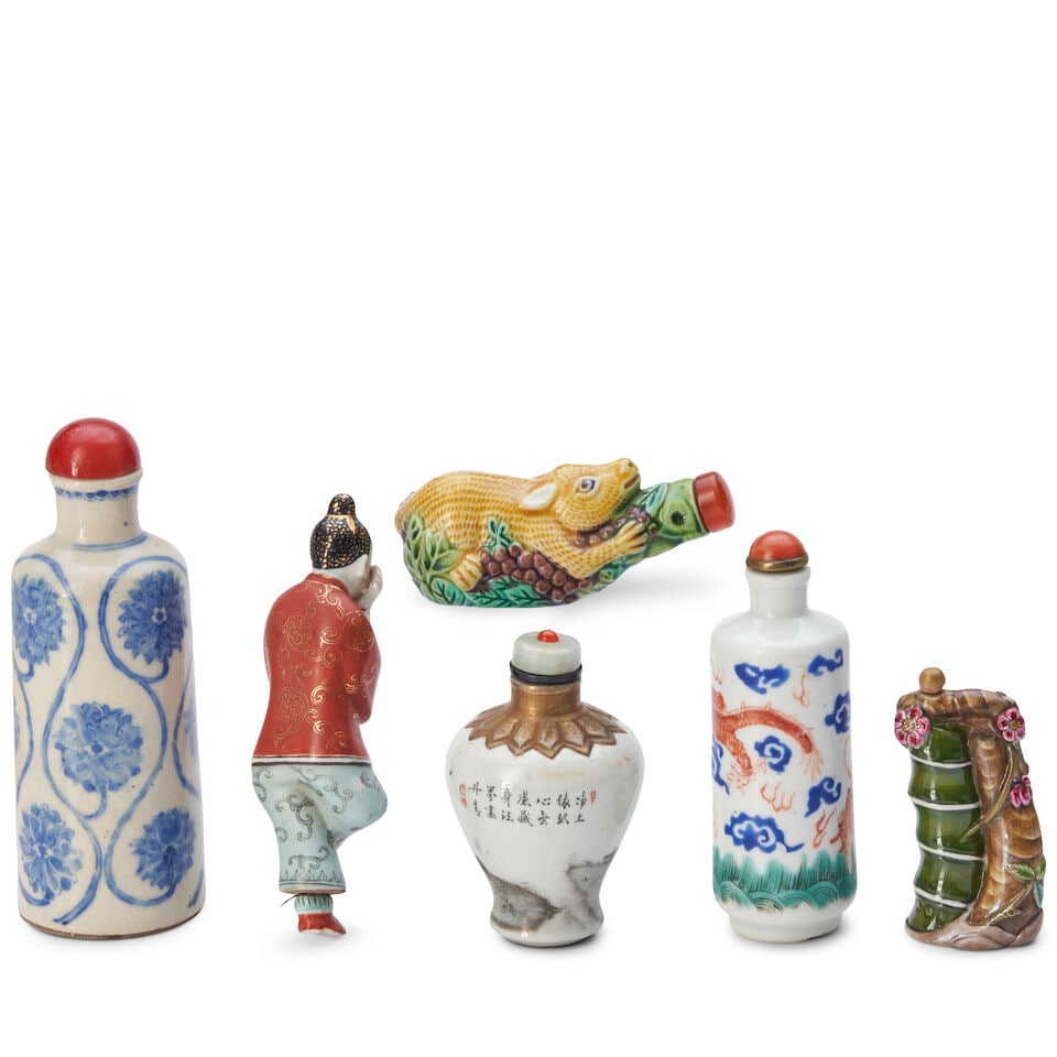 Six Porcelain Snuff Bottles, Including Three Molded Enameled Bottles, China, (6) - 2