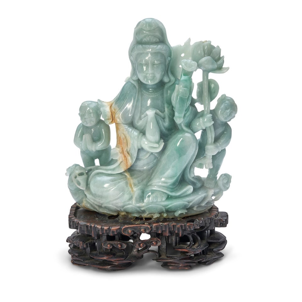 A Jadeite Guanyin Figural Group, China, 20th century, (1 of 2)