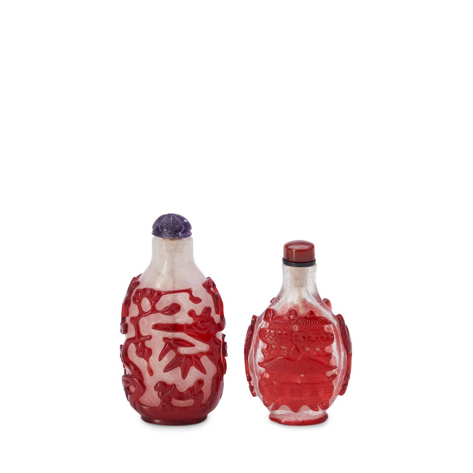 Two Red Overlay Glass Snuff Bottles, China, (2) - 2