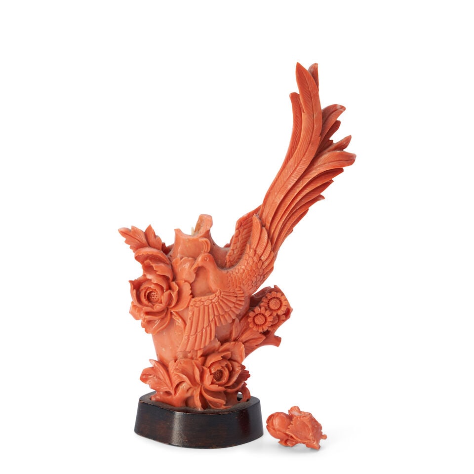 A Coral Figure of a Peacock and Vase China, 20th century, - 2