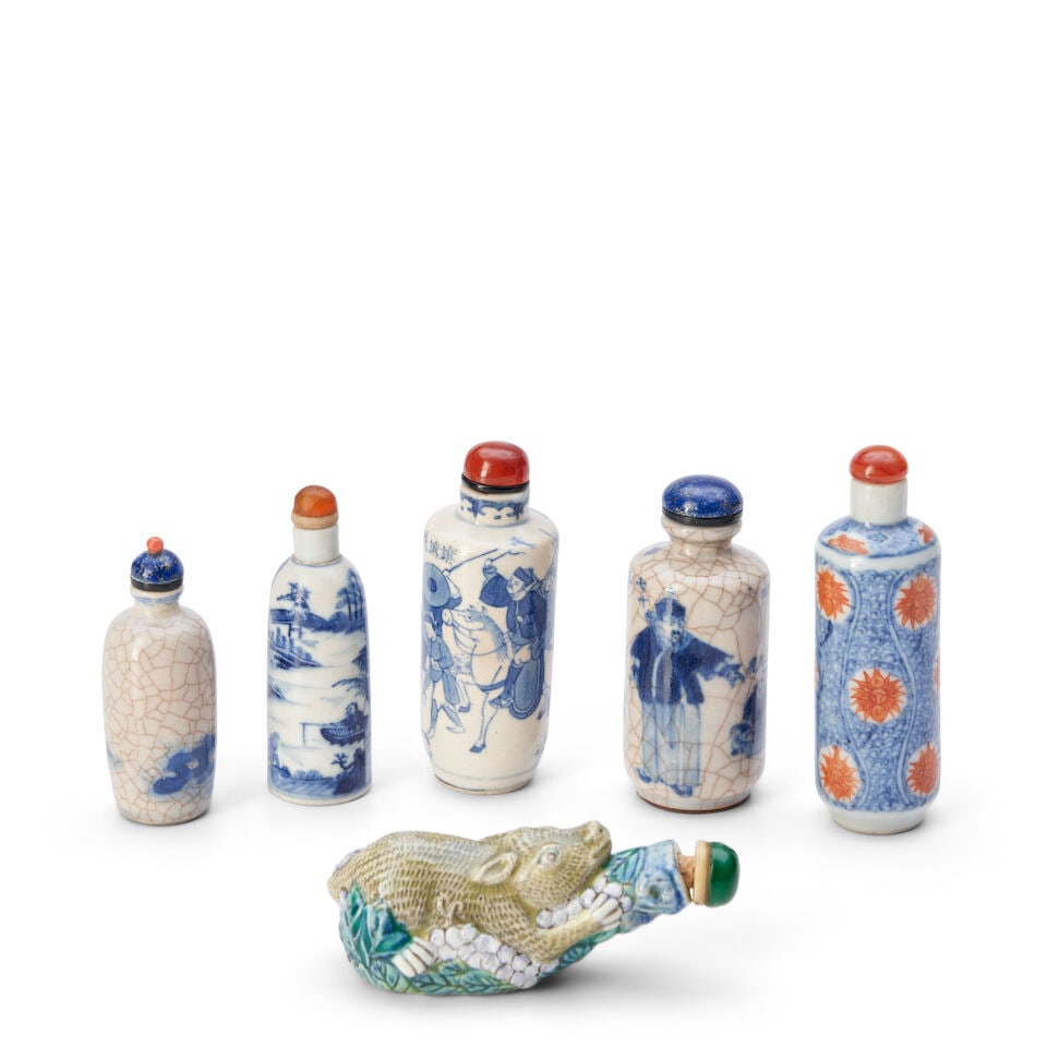 Five Blue and White Snuff Bottles and One Enameled Molded Snuff Bottle, China, (6) - 2