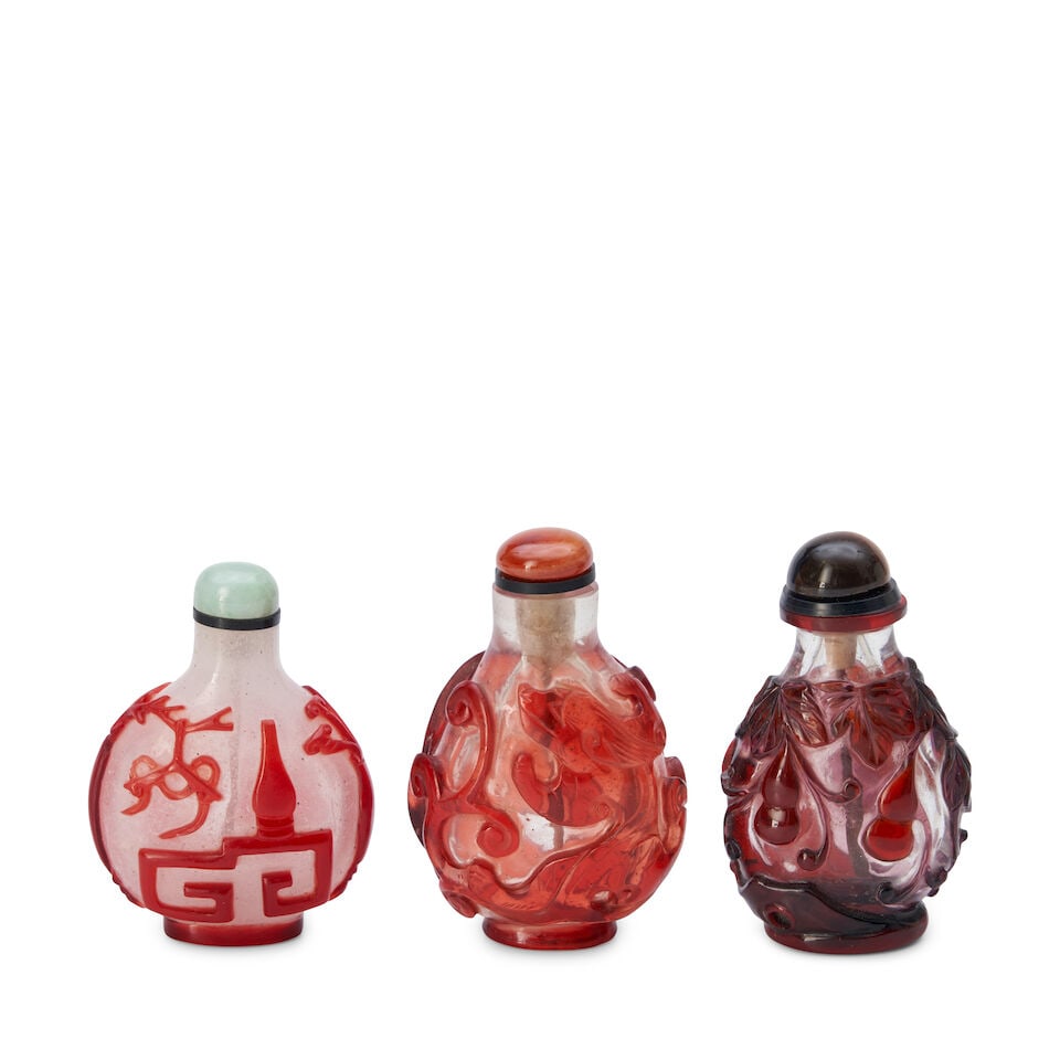 Three Red Glass Overlay Snuff Bottles, China, (3) - 2