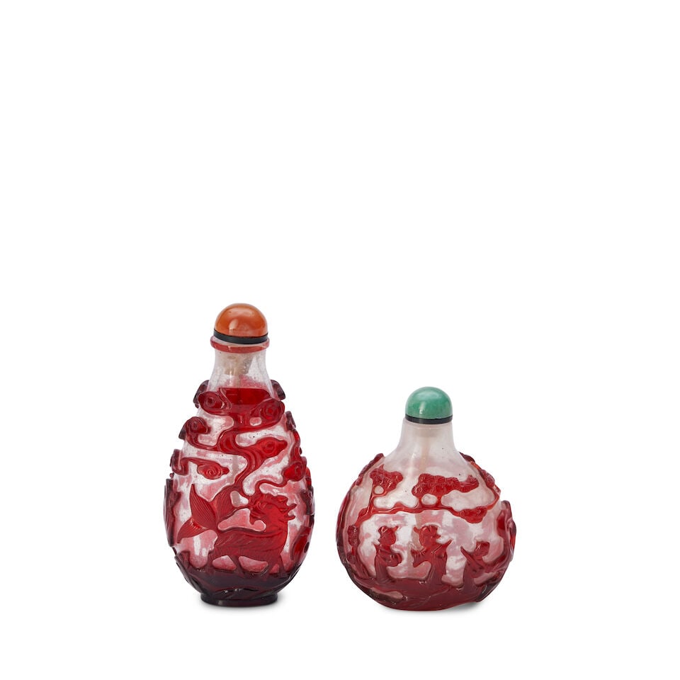 Two Red Overlay Glass Snuff Bottles, China, (2) - 2