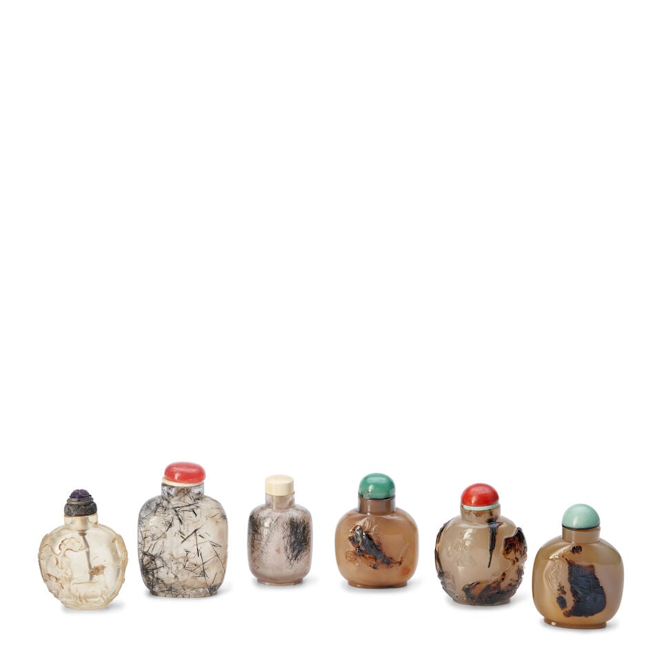 Six Agate and Rock Crystal Snuff Bottles, China, (5) (1 of 2)
