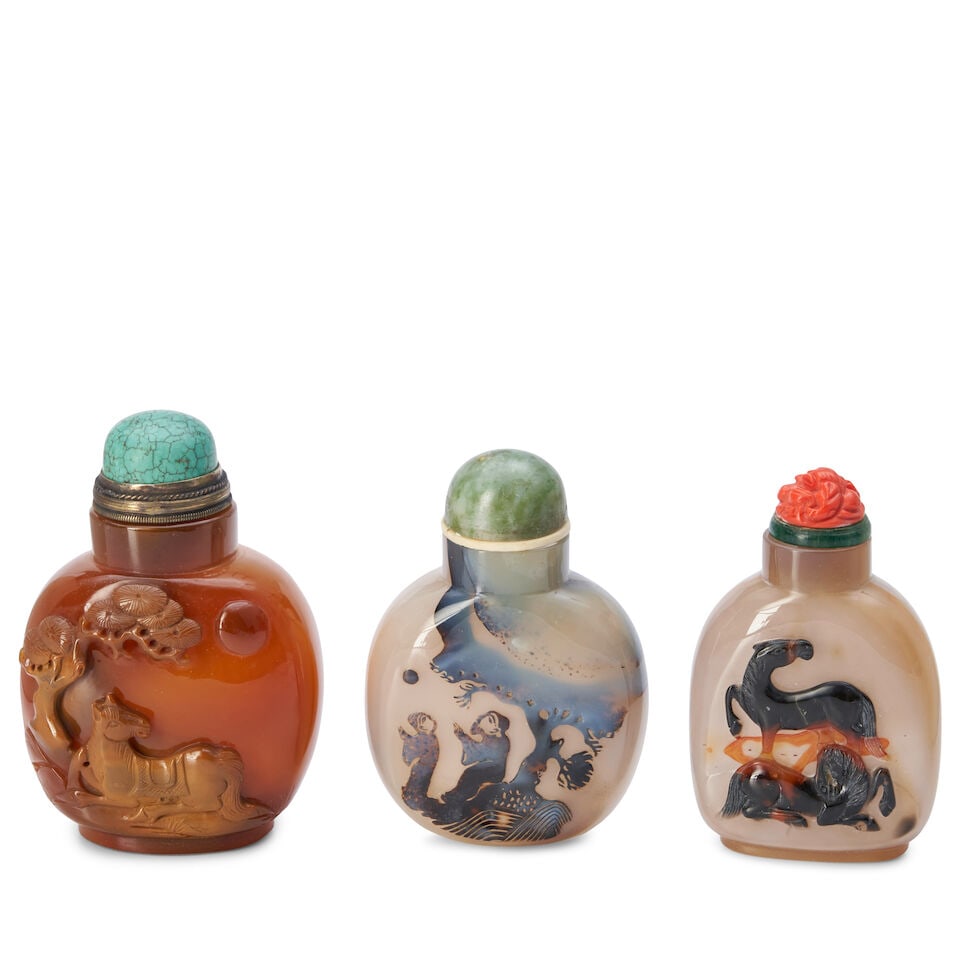 Two Agate and One Chalcedony Snuff Bottles, China, (3) (1 of 2)