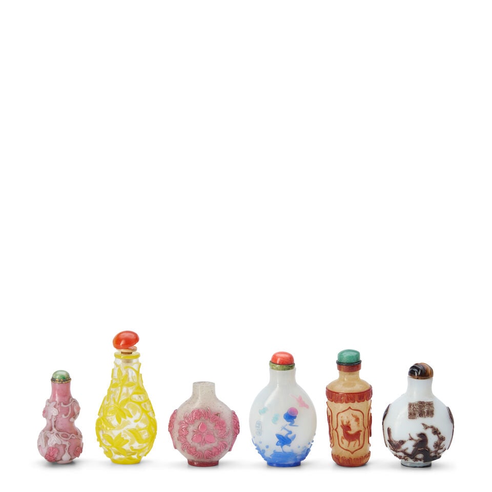 A Group of Six Overlay Glass Snuff Bottles, China, (6) (1 of 2)