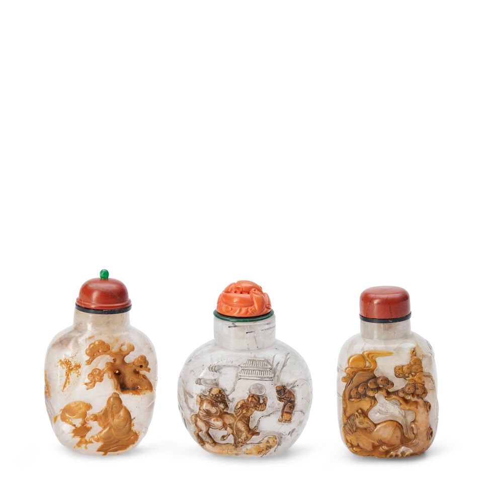 Two Agate and One Rock Crystal Snuff Bottles, China, (3) (1 of 2)