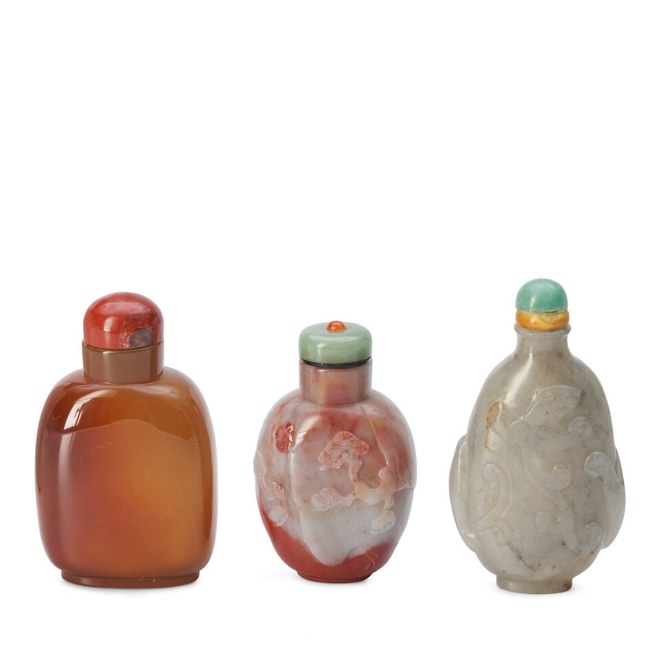 Two Agate and One Chalcedony Snuff Bottles, China, (3) - 2