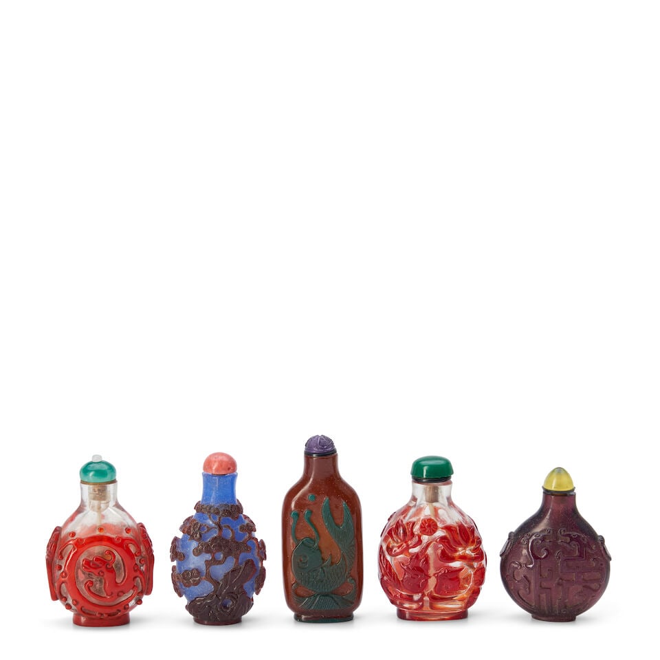 A Group Of Five Glass Overlay Snuff Bottles, China, (5) (1 of 2)