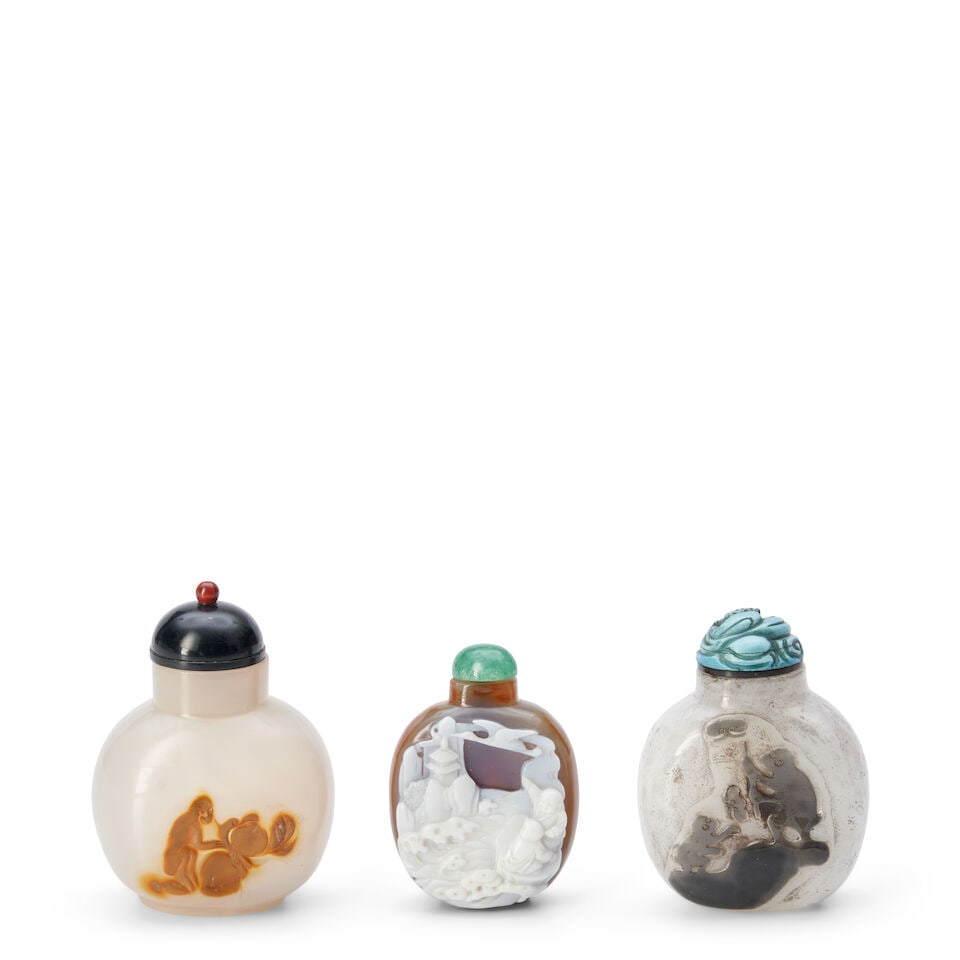 Three Agate/Chalcedony Snuff Bottles, China, (3) (1 of 2)