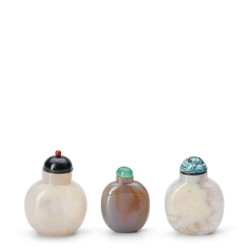 Three Agate/Chalcedony Snuff Bottles, China, (3) - 2