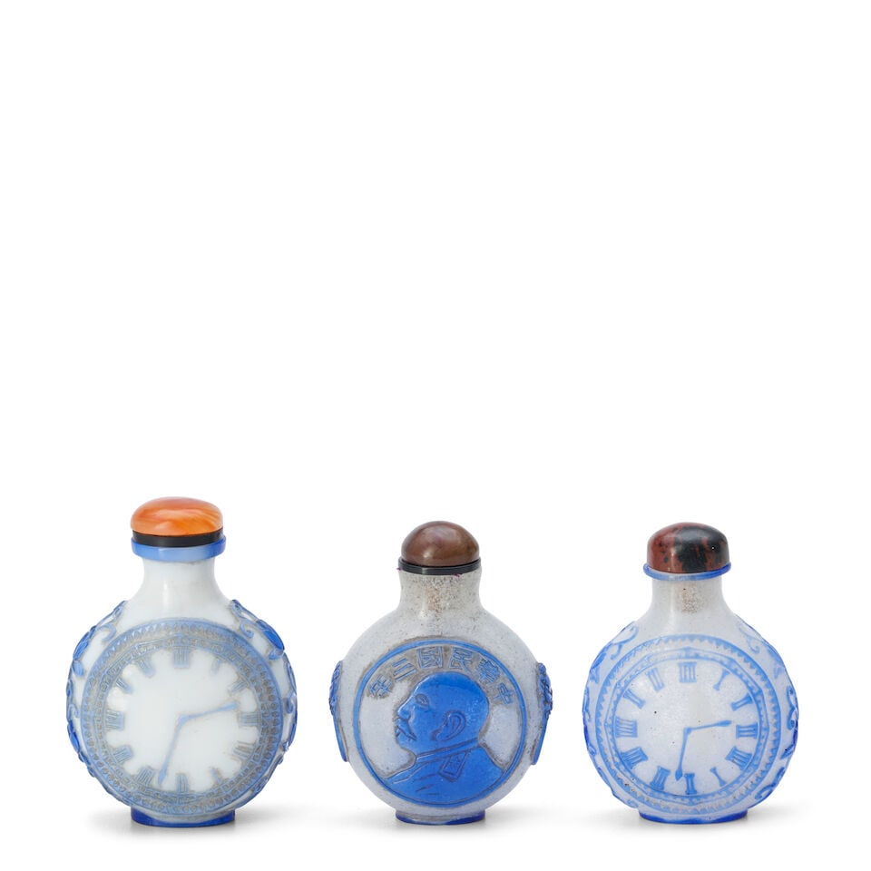 A Group of Three Blue Glass Overlay Decorated Snuff Bottles, China, (3) - 2