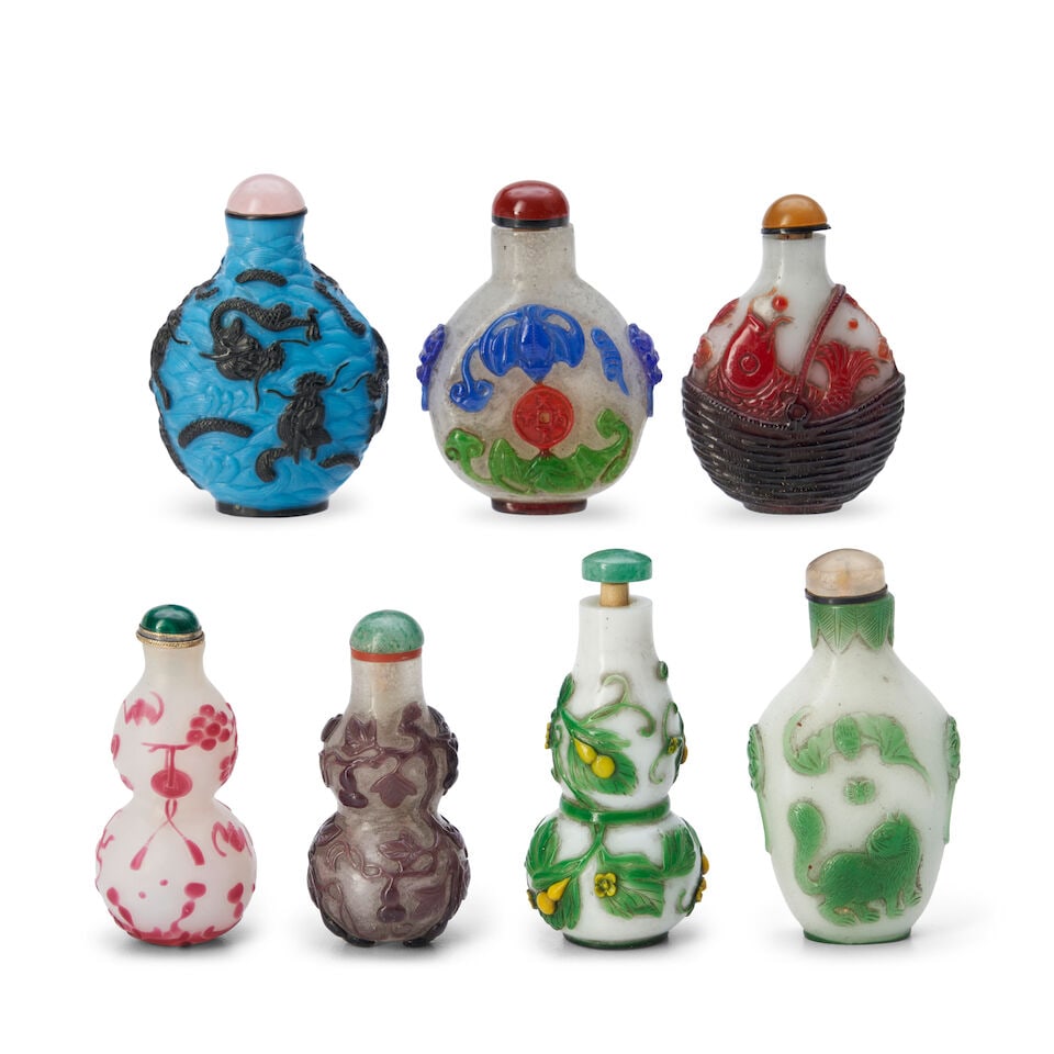 A Group of Seven Glass Overlay Snuff Bottles, China, (7) (1 of 2)