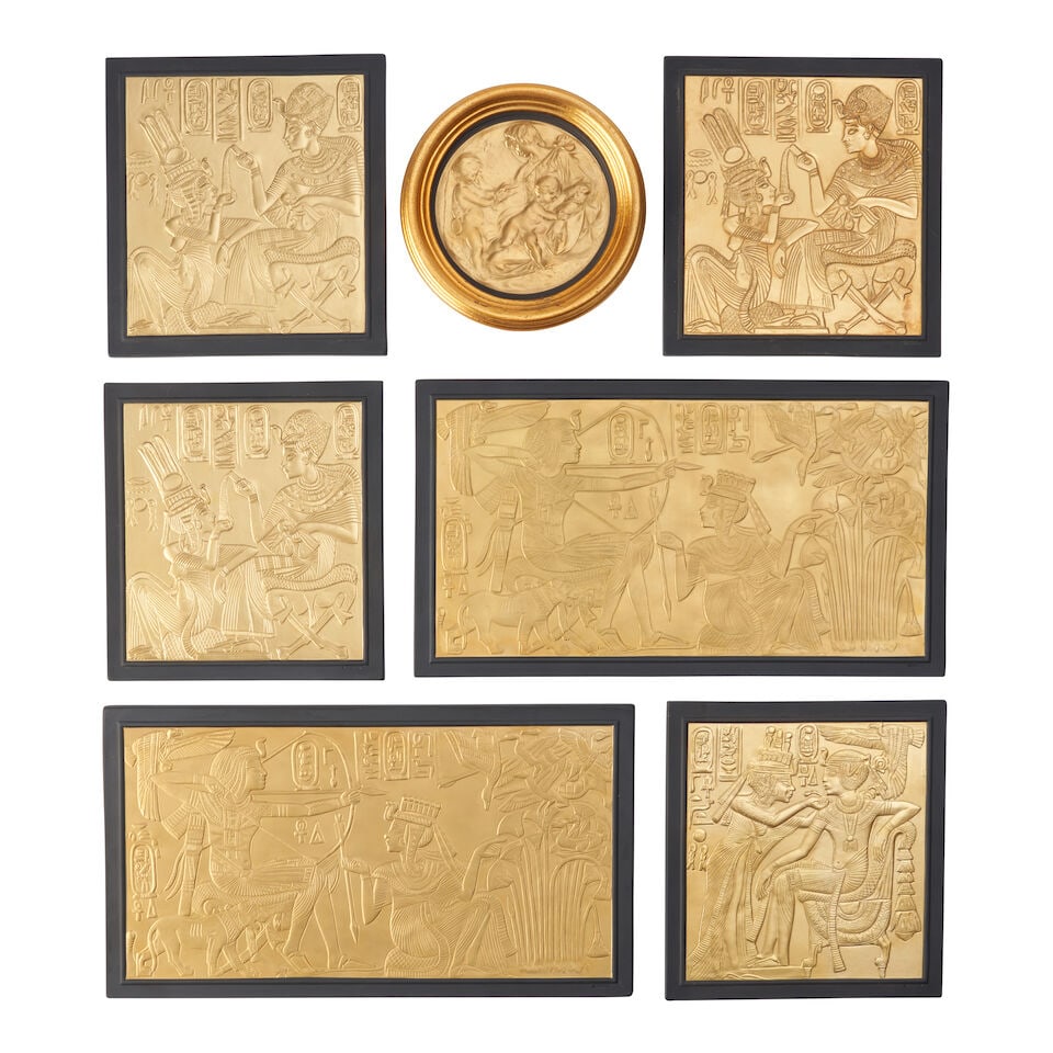 Seven Wedgwood Gilded Basalt Plaques, 20th century,: Seven Wedgwood Gilded Basalt Plaques, 20th century, comprising a framed round plaque depicting Madonna and Child, numbered 1 in a limited edition of 750, frame dia.7; three plaques depicting Beloved o