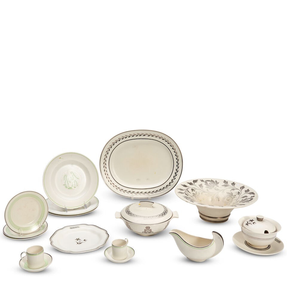 Fourteen Wedgwood Moonstone Items, 20th century,: Fourteen Wedgwood Moonstone Items, 20th century, comprising a large bowl, dia. 14 1/4, a covered tureen, wd. 10 1/4, a platter, wd. 16 3/4, a plate with lobed rim, wd. 9 1/4, a covered bowl with under