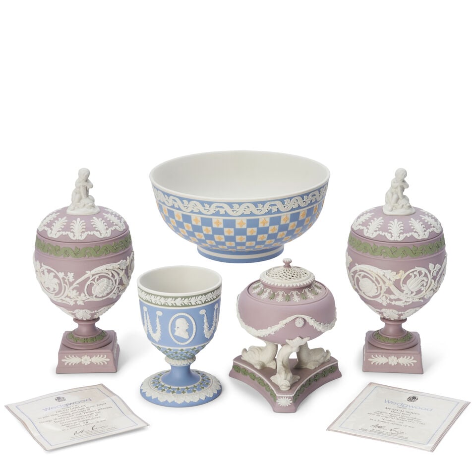 Five Modern Tricolor Jasper Items, England, 20th century,: Five Modern Tricolor Jasper Items, England, 20th century, comprising two white and sage green on lilac jasper covered urns with cupid finials, printed marks and inscribed 'THE ST. JAMES COLLECTION,' n
