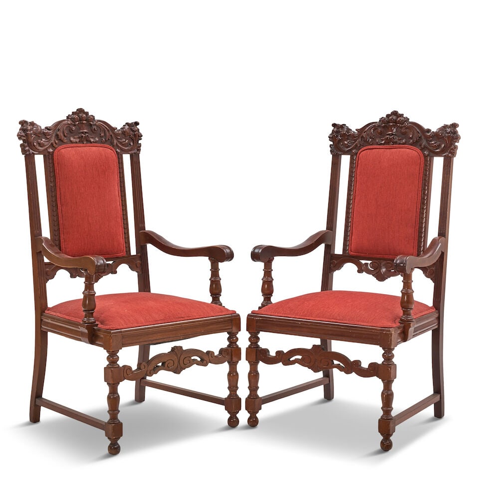 Pair of Baroque-Style American Carved Mahogany Armchairs, - 2