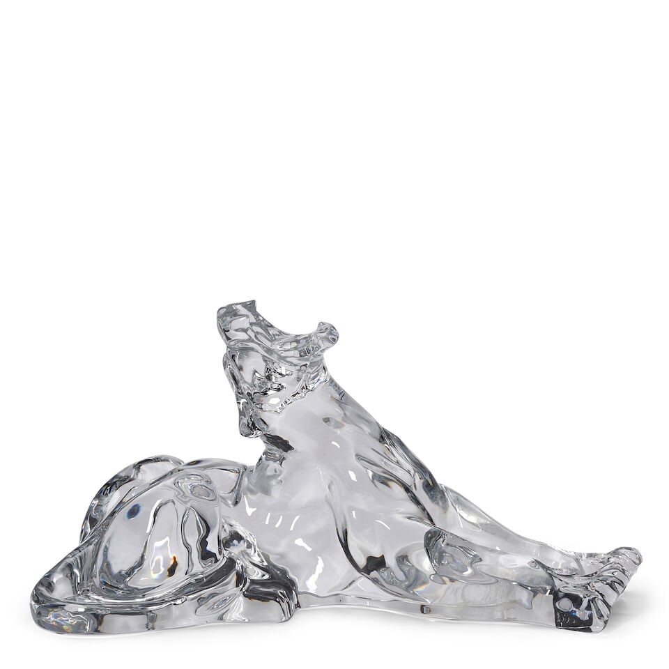 Baccarat Clear Crystal Reclining Lioness Sculpture, France, 20th century, (1 of 2)