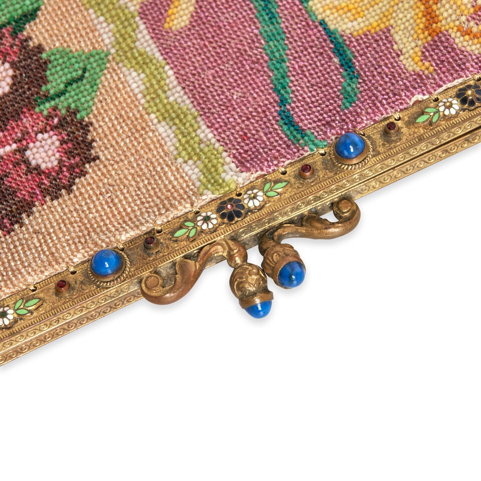 Austrian Glass Beaded Purse, woven glass beads, silk taffeta, gilt metal frame and chain with en... - 2