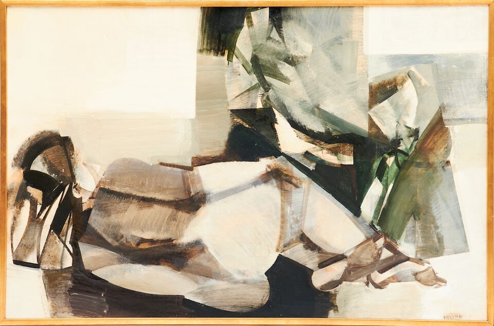 Attributed to Joel Moulin (born 1935) Reclining Nude: Attributed to Joel Moulin (born 1935) Reclining Nude Signed 'Moulin 60' lower right. Oil on canvas, 37 x 57 in. (94.1 x 144.9 cm), framed. Footnotes: OVERALL CONDITION: Craquelure, small scattered los