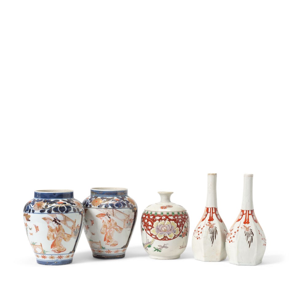 A PAIR OF IMARI OVOID VASES, A PAIR OF FACETED SPRINKLERS AND A MOULDED 'PEONY' VASE Edo period,... - 2