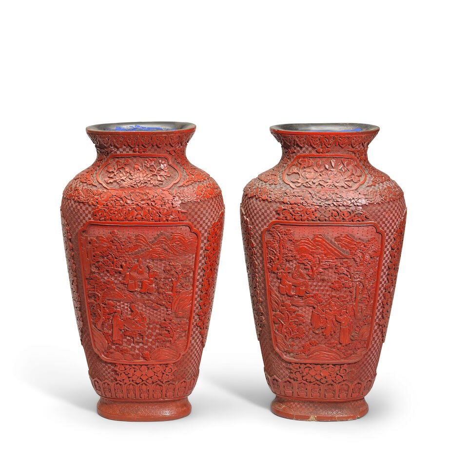 A PAIR OF LARGE CINNABAR LACQUER VASES 19th century (4) - 2
