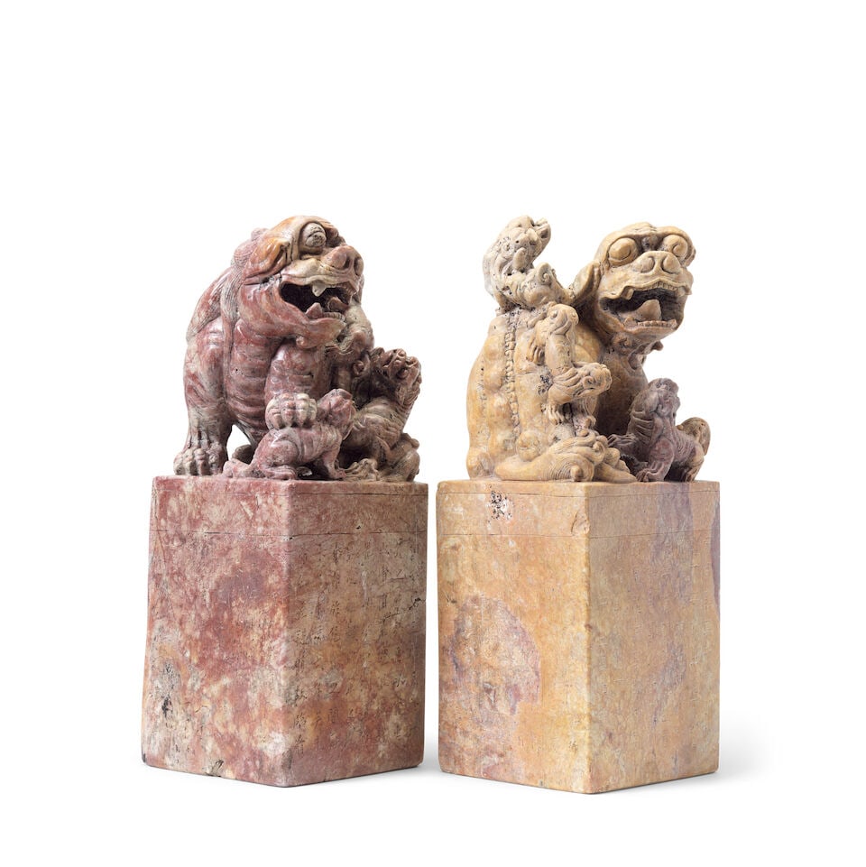 A PAIR OF VERY LARGE CARVED SOAPSTONE 'BUDDHIST LIONS' SEALS Republic period (2) - 2