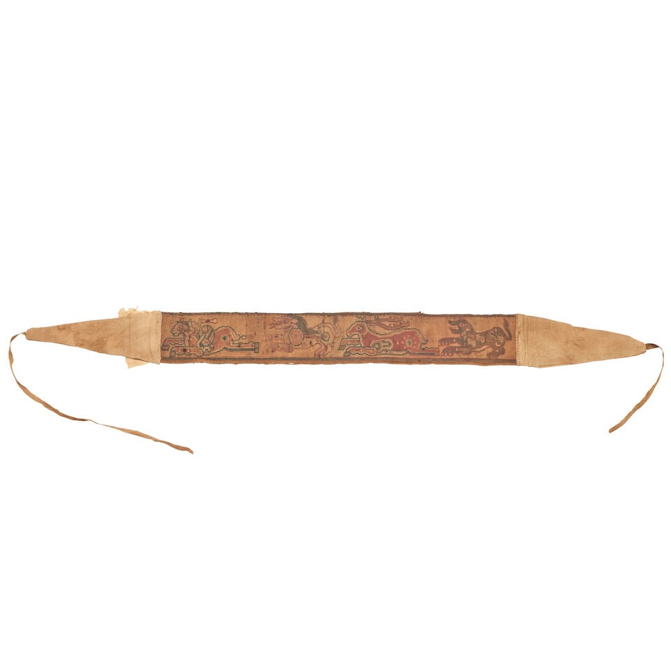 Sogdian Sash Sogdiana 4 in. x 3 ft. 6 in.: Sogdian Sash Sogdiana c. 6th-8th century AD, an early Central Asian silk from ancient Sogdiana, in good condition with deftly woven archaic animal forms. We believe this piece is complete and all
