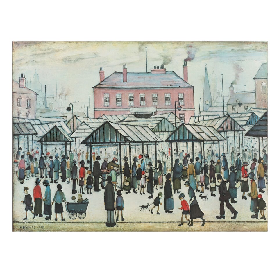 Laurence Stephen Lowry R.A. (British, 1887-1976) Market Scene in a Northern Town Offset lithogra...: Laurence Stephen Lowry R.A. (British, 1887-1976) Market Scene in a Northern Town Offset lithograph in colours, 1973, on wove paper, signed in pencil, from the edition of 750, published by Patrick