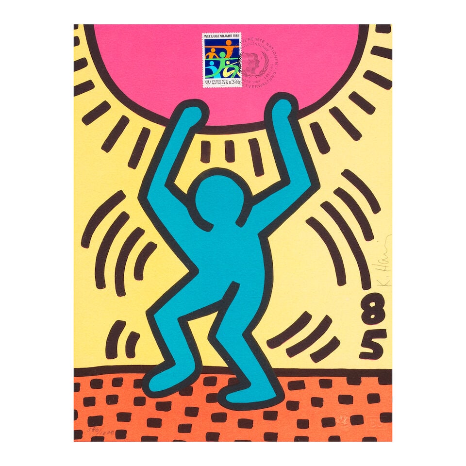 Keith Haring (American, 1958-1990) International Youth Year Lithograph in colours, 1984, on Arch...: Keith Haring (American, 1958-1990) International Youth Year (Littmann pp. 36-37) Lithograph in colours, 1984, on Arches wove paper, signed and numbered 586/1000 in pencil, printed by Emiliano Sorini
