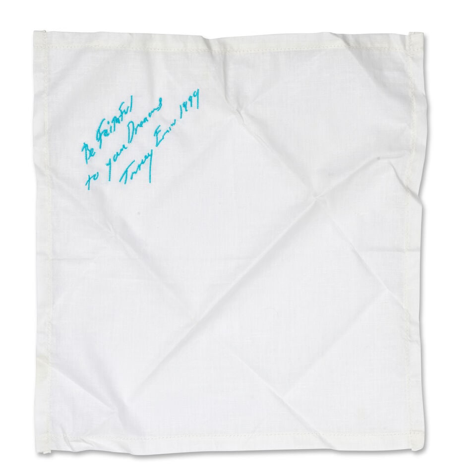 Dame Tracey Emin (British, born 1963) Be Faithful to Your Dreams (Momart Christmas Edition) Mach...: Dame Tracey Emin (British, born 1963) Be Faithful to Your Dreams (Momart Christmas Edition) Machine embroidered cotton handkerchief, 1999, with embroidered signature and date, from the edition of an u