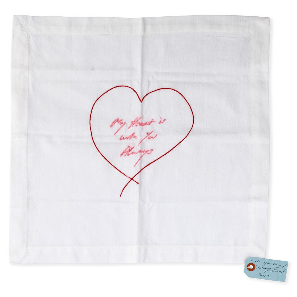Dame Tracey Emin (British, born 1963) My Heart Is With You Always - Napkin (Pink and Red) Embroi...: Dame Tracey Emin (British, born 1963) My Heart Is With You Always - Napkin (Pink and Red) Embroidered linen handkerchief, 2012, signed, dated and inscribed 'With you in mind' in ink on the attached ta