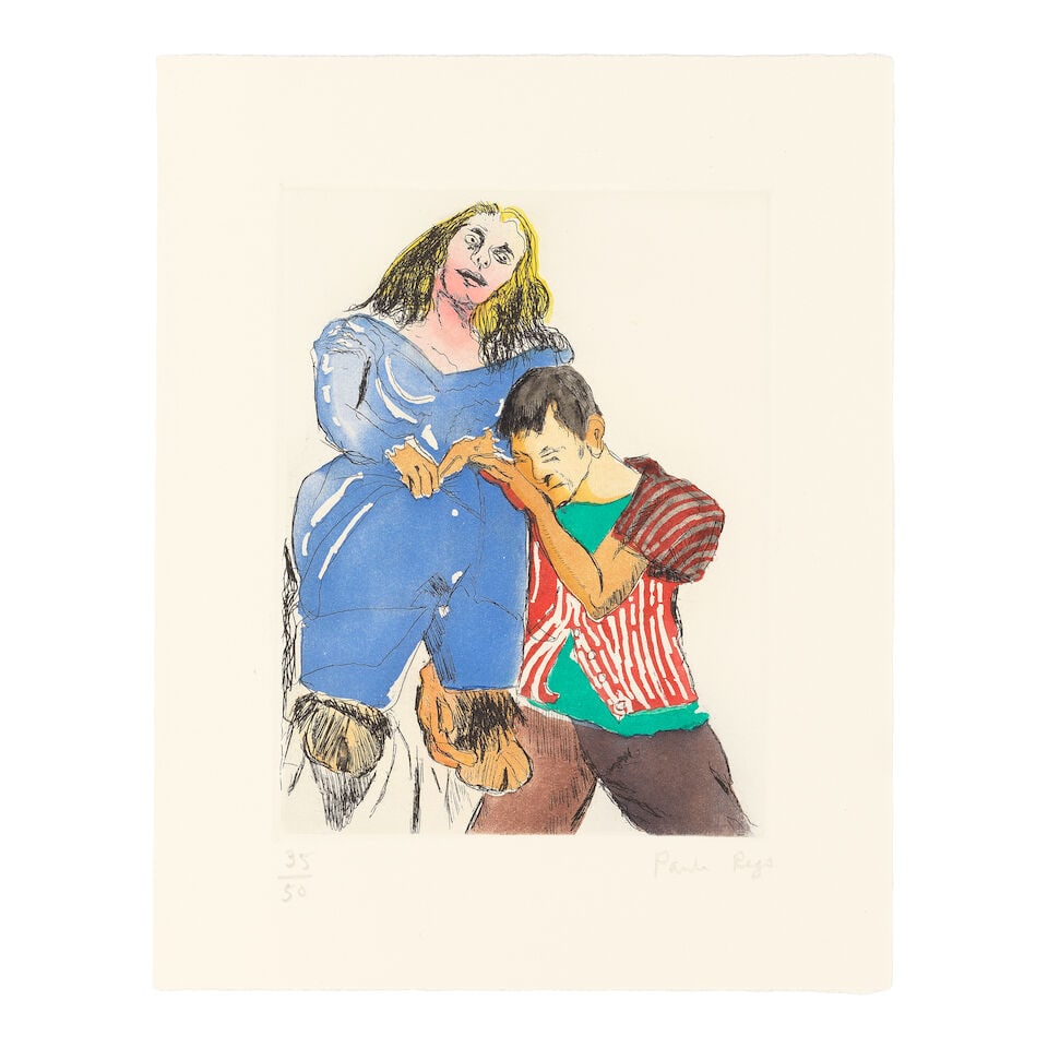 Dame Paula Rego R.A. (British, 1935-2022) Woman with goat's foot II (Edition B) Etching with aqu...: Dame Paula Rego R.A. (British, 1935-2022) Woman with goat's foot II (Edition B) (not in Rosenthal) Etching with aquatint in colours, 2012, on Somerset soft white wove paper, signed and numbered