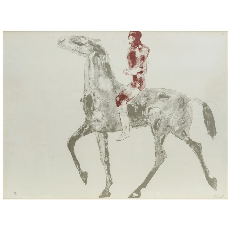 Dame Elisabeth Frink R.A. (British, 1930-1993) Horse and Rider IV Lithograph in colours, 1970-71...: Dame Elisabeth Frink R.A. (British, 1930-1993) Horse and Rider IV (Wiseman 46) Lithograph in colours, 1970-71, on T.H. Saunders wove paper, signed and numbered 26/70 in pencil, published by Leslie Wad