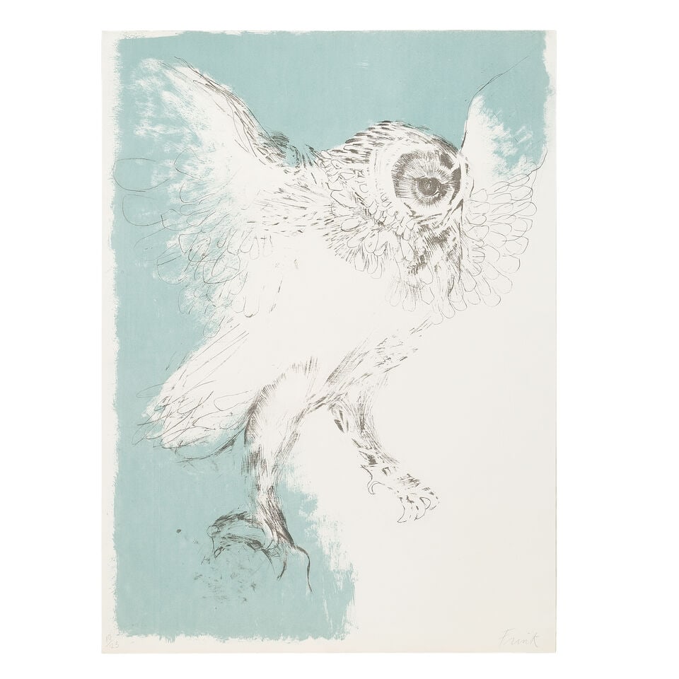 Dame Elisabeth Frink R.A. (British, 1930-1993) Owl, from Images Lithograph in colours, 1967, on ...: Dame Elisabeth Frink R.A. (British, 1930-1993) Owl, from Images (Wiseman 10) Lithograph in colours, 1967, on J. Green mould made paper, signed and numbered 10/25 in pencil (there were also five