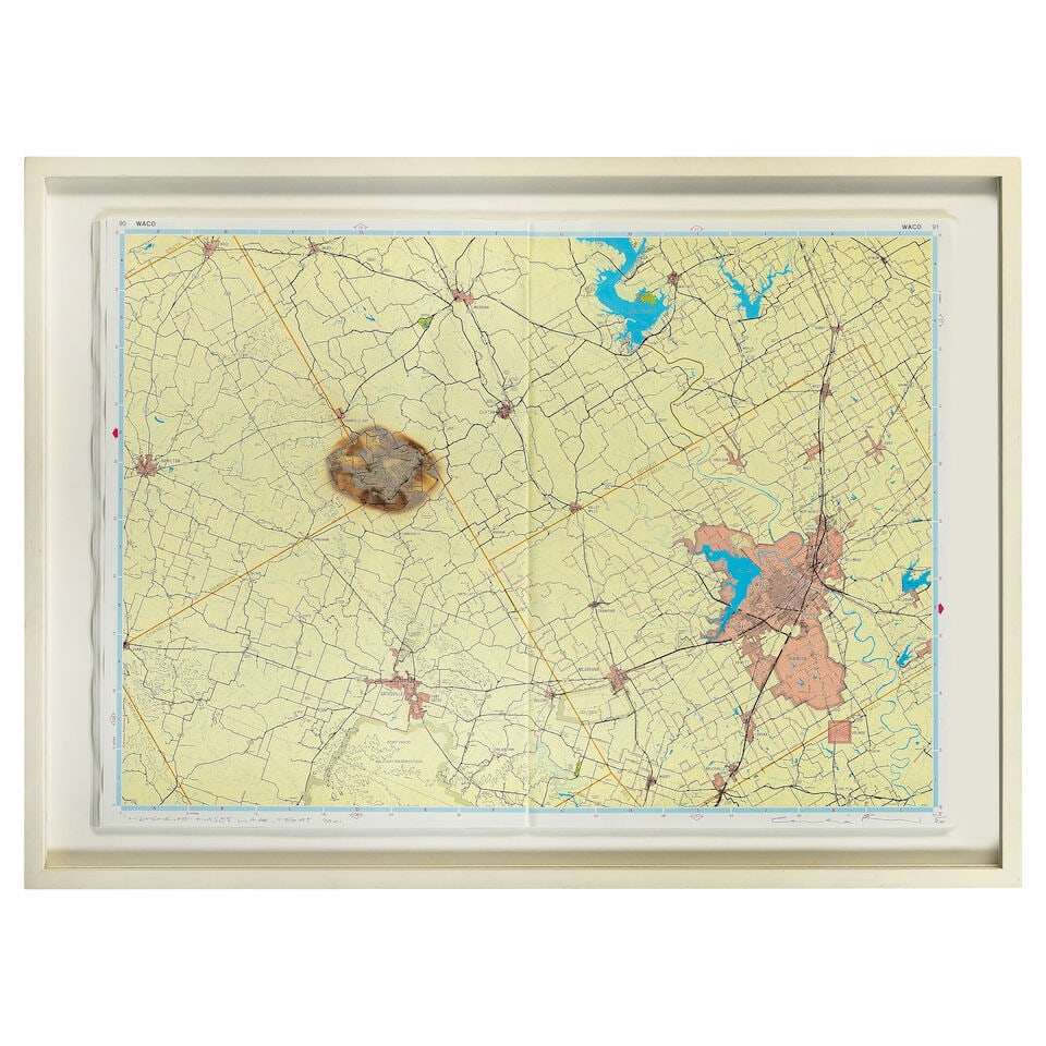 Cornelia Parker (British, born 1956) Meteorite misses Waco, Texas Readymade map in colours with ...: Cornelia Parker (British, born 1956) Meteorite misses Waco, Texas Readymade map in colours with burn mark, 2001, signed, titled, dated and numbered 3/20 in pencil, published by The Multiple Store, Lon