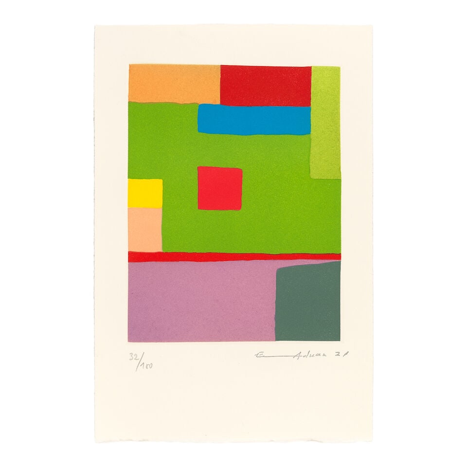 Etel Adnan (Lebanese, 1925-2021) Fil du temps (Thread of Time) Etching with aquatint in colours,...: Etel Adnan (Lebanese, 1925-2021) Fil du temps (Thread of Time) Etching with aquatint in colours, 2021, on Arches wove paper, with printed signature and date, numbered 32/100 in pencil, published by Ga