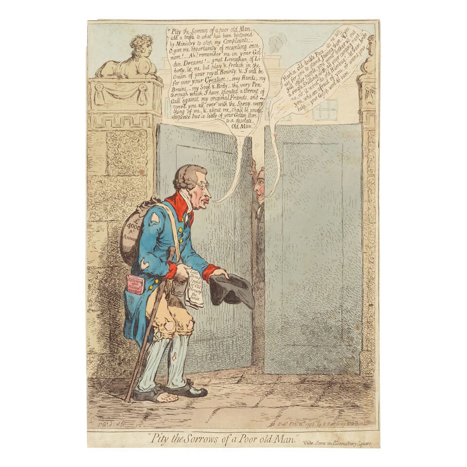 James Gillray (British, 1756-1815) Pity the sorrows of a poor man Etching with hand-colouring, 1... (1 of 1)