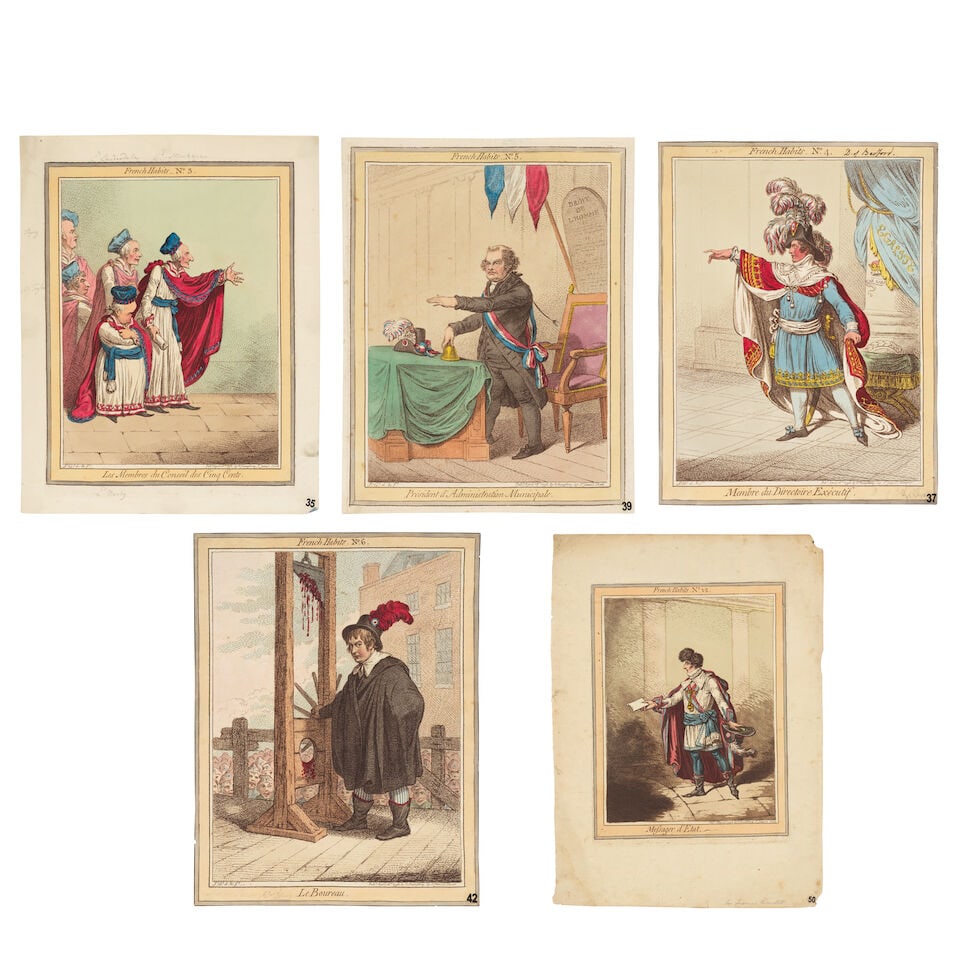 James Gillray (British, 1756-1815) Five Plates, from French Habits Five etchings with hand-colou... (1 of 6)