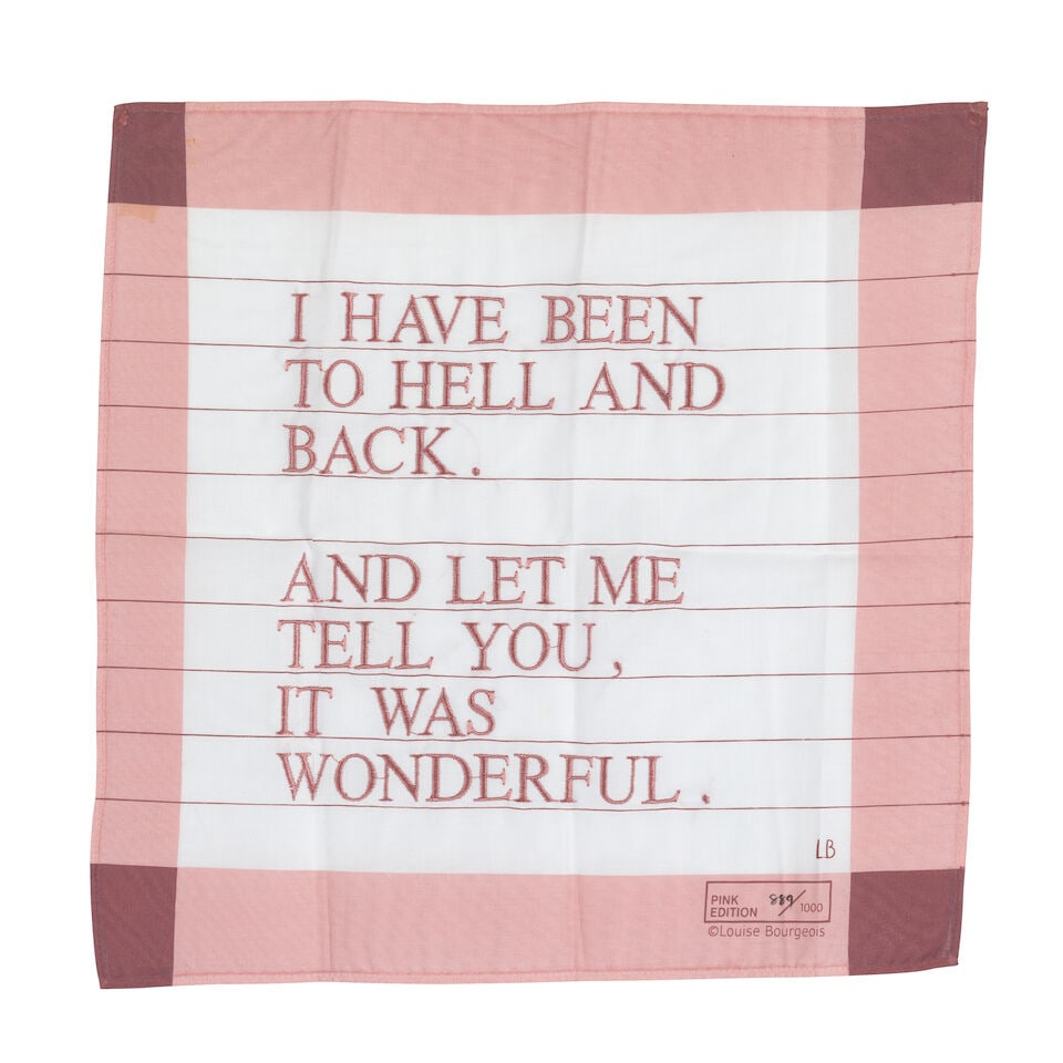 After Louise Bourgeois (French/American, 1911-2010) Untitled (I Have Been To Hell and Back) Embr...: After Louise Bourgeois (French/American, 1911-2010) Untitled (I Have Been To Hell and Back) Embroidered thread in pink, 1996, on cotton handkerchief, with printed initials and numbered 889/1000 in