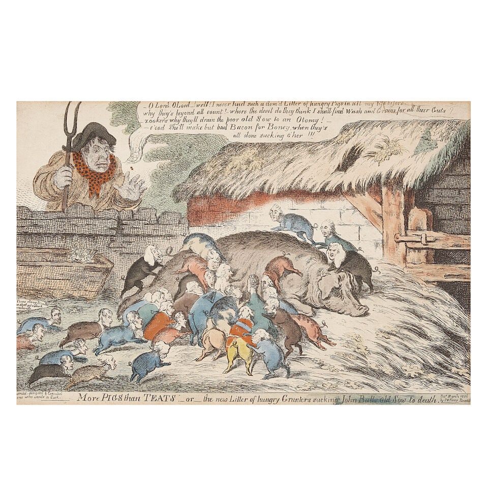 James Gillray (British, 1756-1815) 'More pigs than teats', -or- the new litter of hungry grunter...: James Gillray (British, 1756-1815) 'More pigs than teats', -or- the new litter of hungry grunters, sucking John-Bulls-old-sow to death (BM 10540) Etching with hand-colouring, 1806, on wove paper,