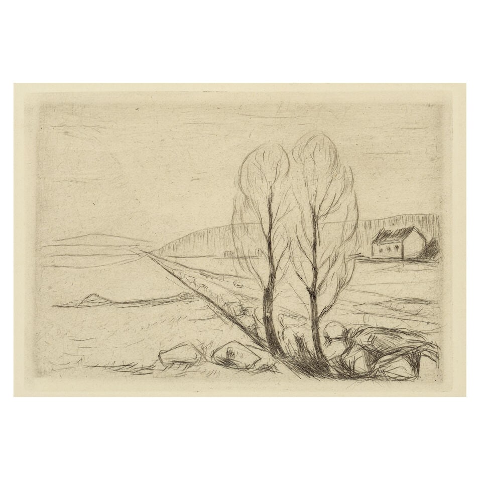 Edvard Munch (Norwegian, 1863-1944) Norwegian Landscape Drypoint etching, 1908, on J W Zanders w... (1 of 3)
