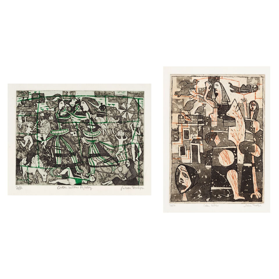 Julian Trevelyan R.A. (British, 1910-1988) Cretan Witches; Cretan Witches Fighting Two etchings ...: Julian Trevelyan R.A. (British, 1910-1988) Cretan Witches; Cretan Witches Fighting (Turner 156, 157) Two etchings with aquatint in colours, 1964, on hand-made wove paper, each signed, titled and