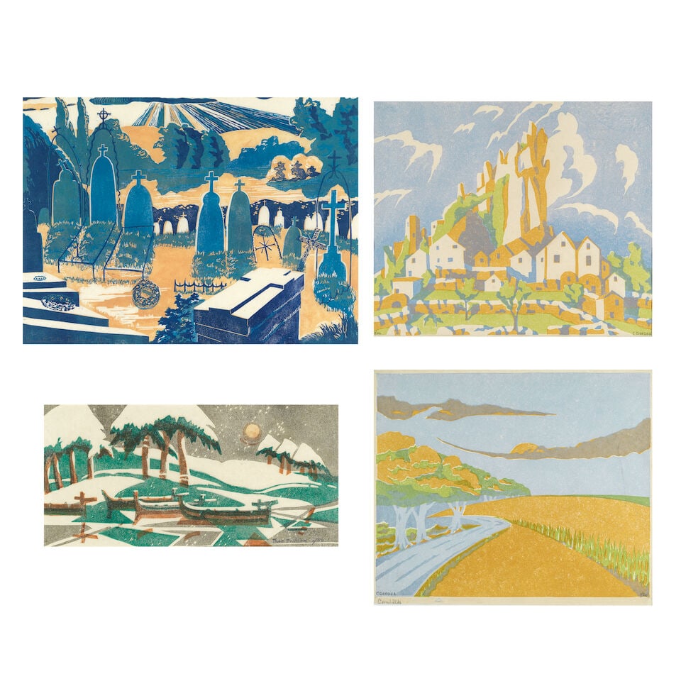 Elizabeth Tuke Jenkins (British, 1906-1968) La Cimitière Linocut in colours, signed and num...: Elizabeth Tuke Jenkins (British, 1906-1968) La Cimitière Linocut in colours, signed and numbered 1/50 in pencil; together with C. Deedes 'Mountain Stonghold', linocut in colours, signed and numbe