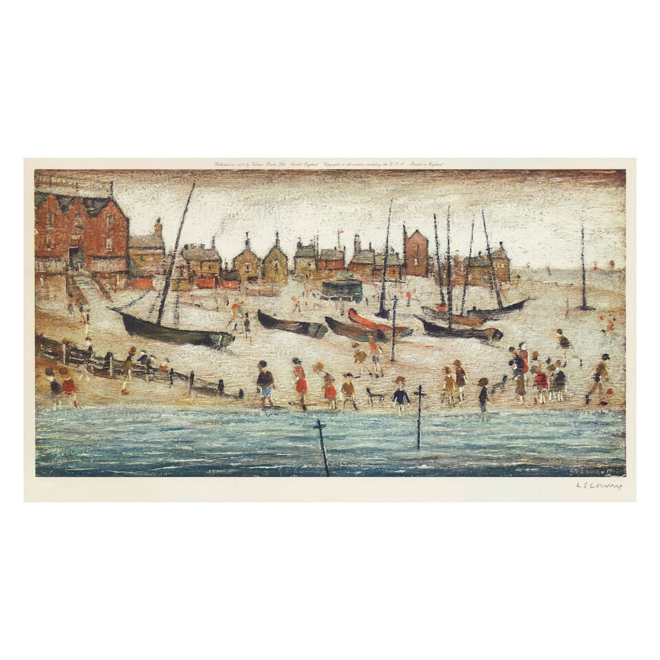 Laurence Stephen Lowry R.A. (British, 1887-1976) The Beach (Deal Beach) Offset lithograph in col...: Laurence Stephen Lowry R.A. (British, 1887-1976) The Beach (Deal Beach) Offset lithograph in colours, 1973, on wove paper, signed in pencil, stamp-numbered '000229' in black ink verso, from the editio