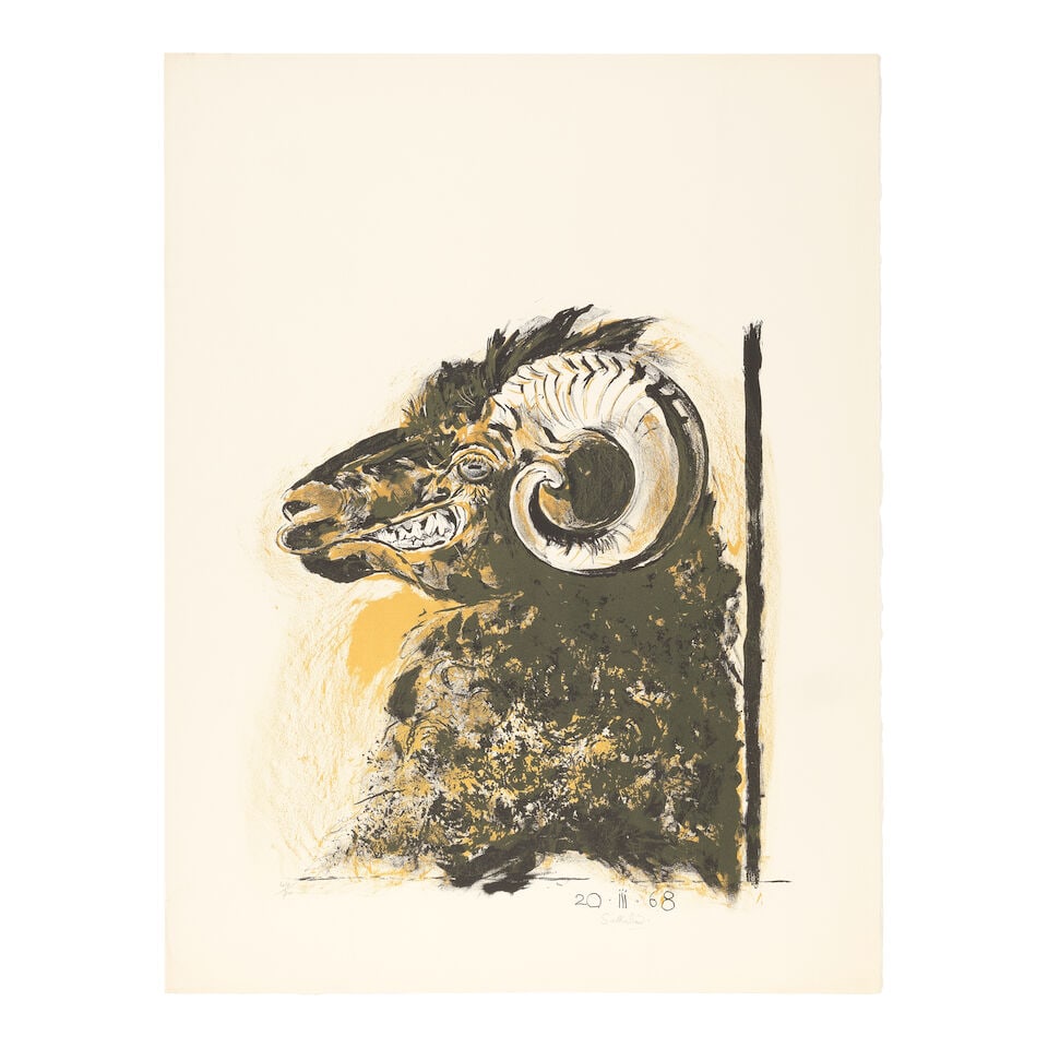 Graham Sutherland O.M. (British, 1903-1980) Ram's Head (Facing Left), from A Bestiary and some C...: Graham Sutherland O.M. (British, 1903-1980) Ram's Head (Facing Left), from A Bestiary and some Correspondences (Tassi 87) Lithograph in colours, 1968, on Arches wove paper, signed and numbered 44/70