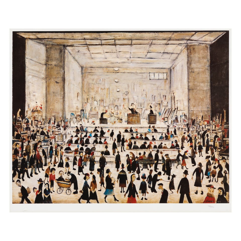 Laurence Stephen Lowry R.A. (British, 1887-1976) The Auction Offset lithograph in colours, on wo...: Laurence Stephen Lowry R.A. (British, 1887-1976) The Auction Offset lithograph in colours, on wove paper, numbered 179/850 in pencil, published by Michael Stewart Fine Art, Bristol, with their blindst